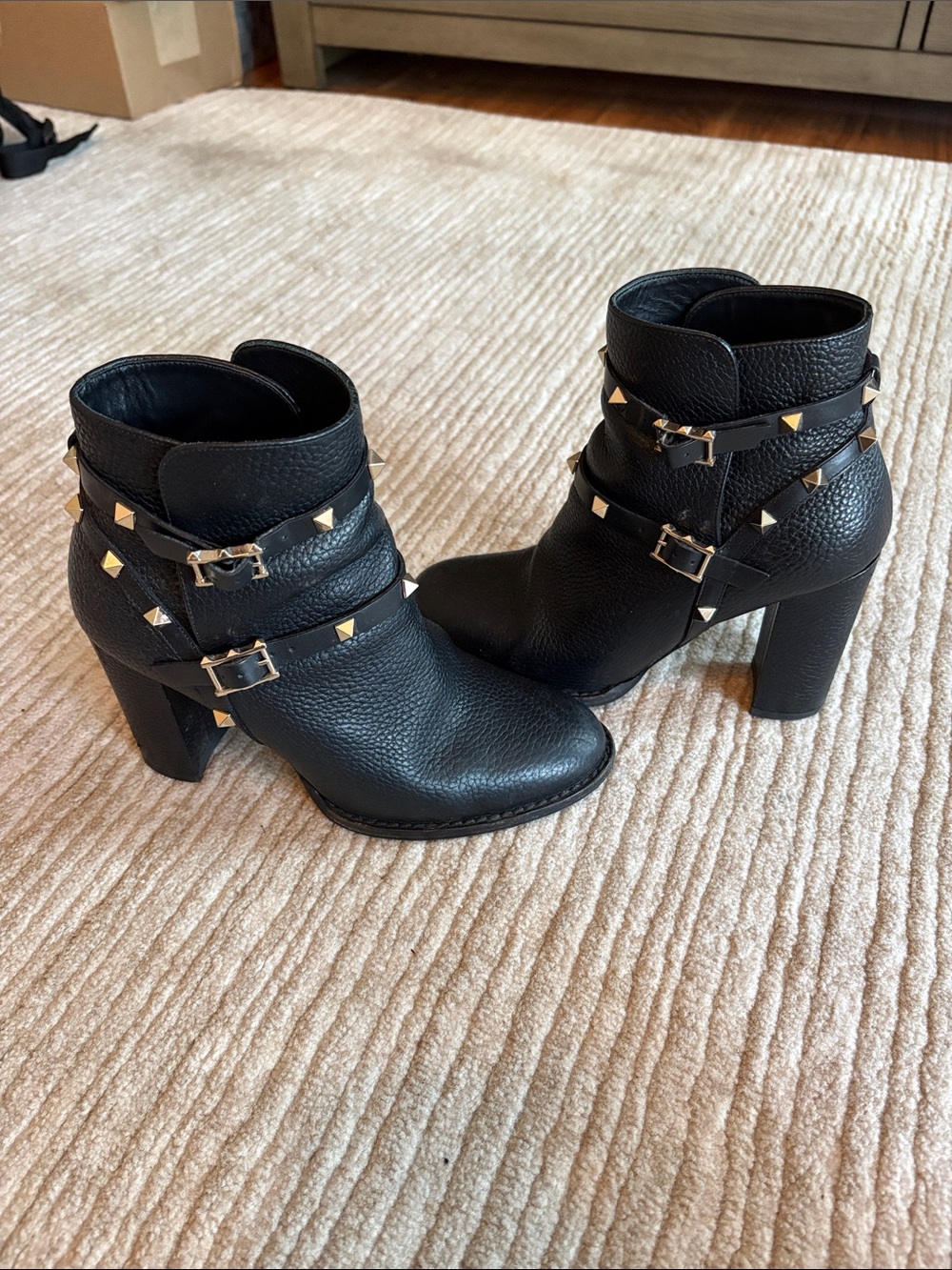 Valentino Garavani Black Leather Studded 4” Block Heel Ankle Boots